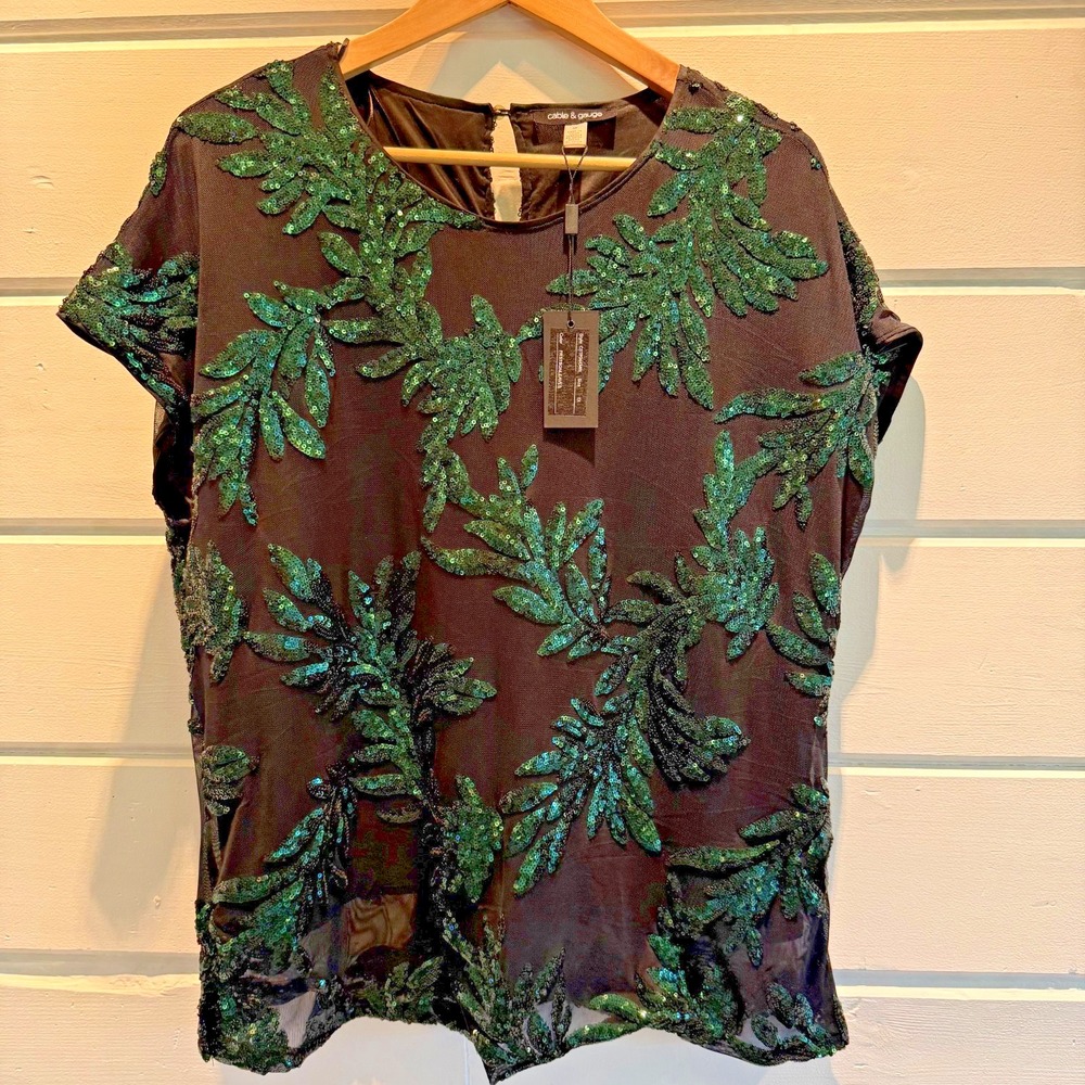 NWT CABLE & GAUGE Top Black Green Sequin Leaf Mesh Top Blouse CSTP04434W Size 1X - Picture 2 of 12